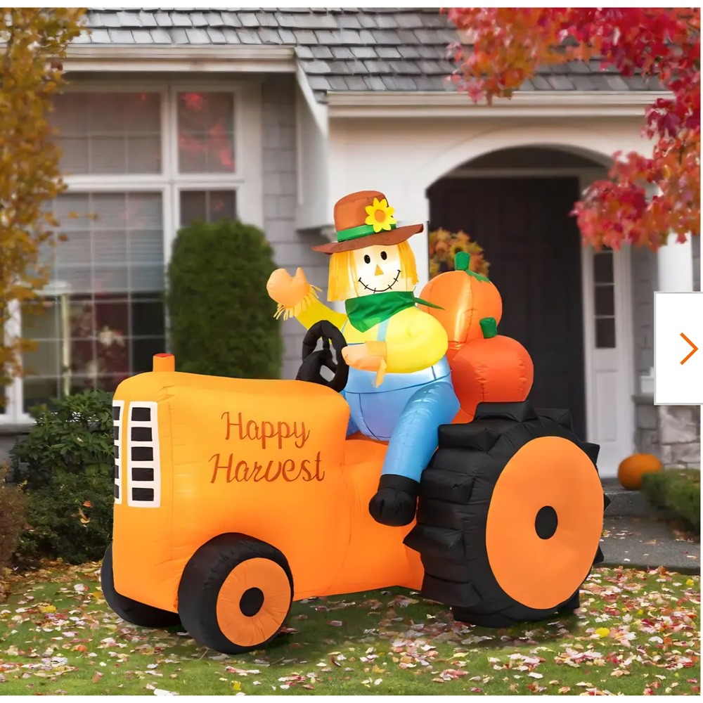 Glitzhome 7ft Inflatable Scarecrow on Tractor Happy Harvest Fall Yard Decor LED